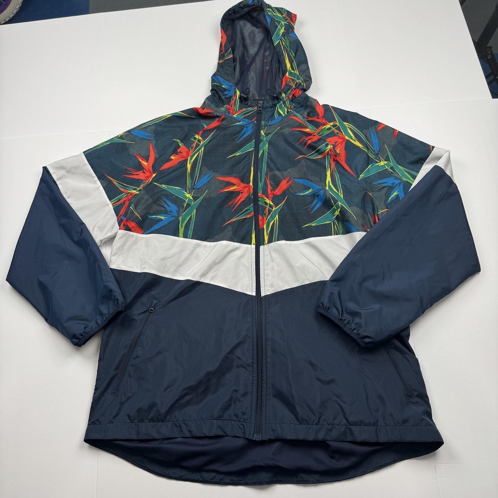 Russell Jacket Mens XL Navy Blue Hooded Windbreaker Bird Floral Print Polyester